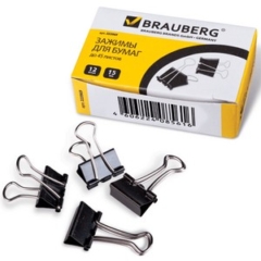 Зажим д/бумаг 15мм BRAUBERG, КОМПЛЕКТ 12шт., , на 45л., черные, в карт.коробке, 223969
